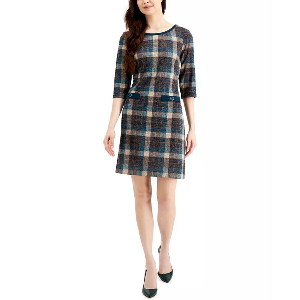 CONNECTED APPAREL Womens Plaid Mini Sheath Dress